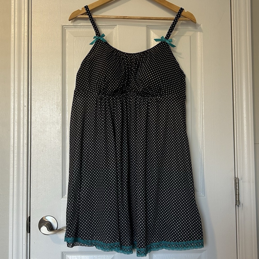 Cacique Black with Blue Lace Trim Sheer Polka Dot Babydoll‎ Mesh Nightgown